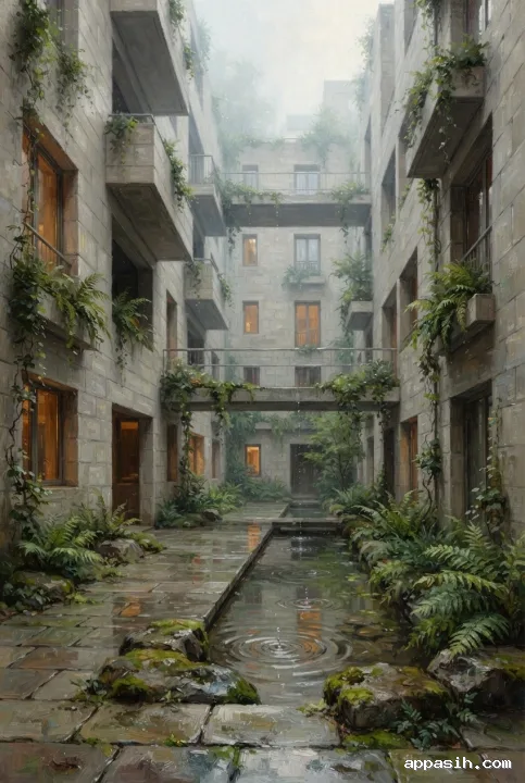 Detailed oil painting of the same rainlit contemporary courtyard tower viewed closer beside the reflective water channel, with wet stone, ferns, climbing vines, bridges, and warm recessed windows.