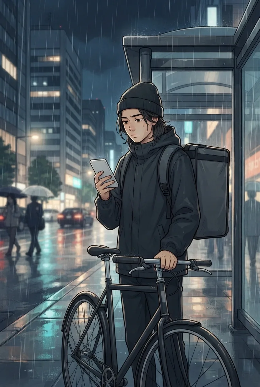 Anime-inspired cartoon of a bicycle courier with a delivery backpack waiting under a rain shelter on a wet city street at night.