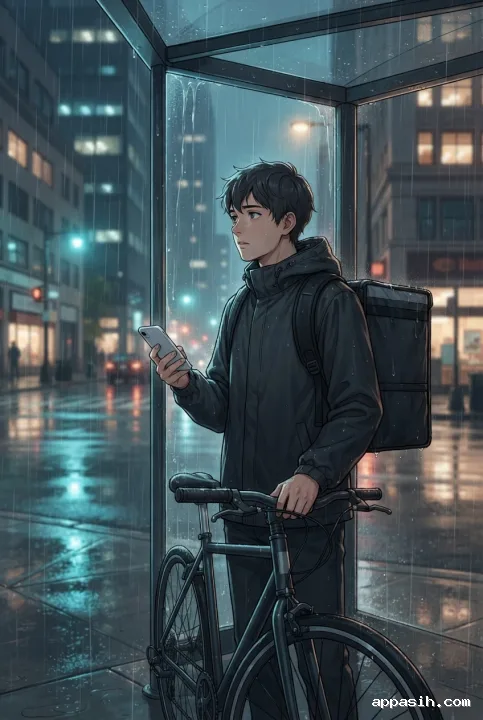 Detailed anime-inspired cartoon of a bicycle courier beside a commuter bike under a rainy city shelter, looking toward a wet intersection at night.