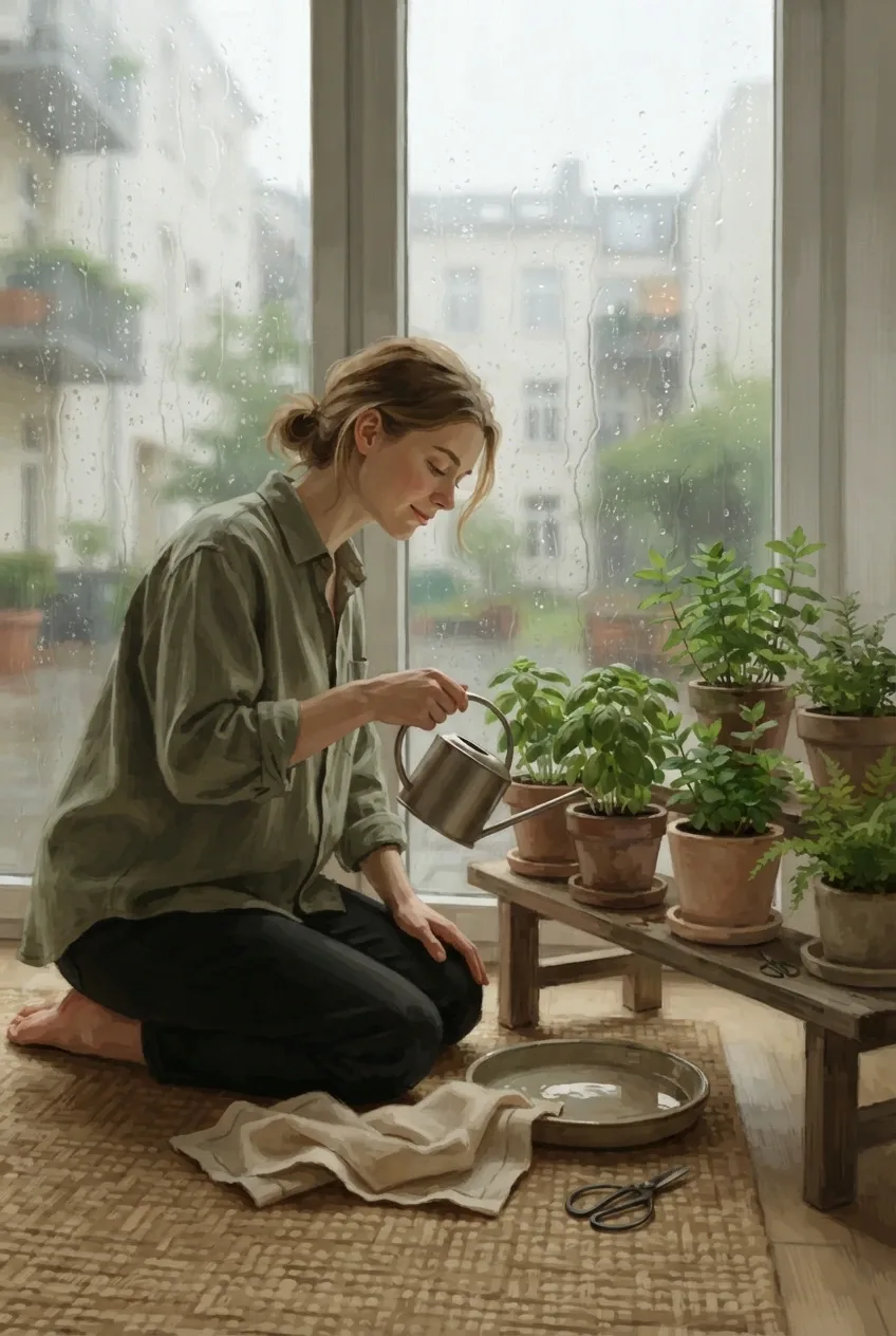 Concept Art of a young adult watering herbs and houseplants beside a rain-covered apartment window during a quiet morning.