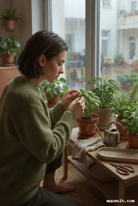 Detailed Concept Art of a young adult inspecting a wet herb leaf beside ceramic plant pots and a rain-streaked apartment window.