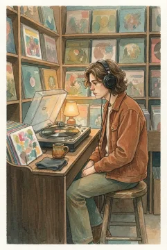 Watercolor painting of a young listener wearing headphones in a retro record shop booth beside a turntable and shelves of vinyl records.
