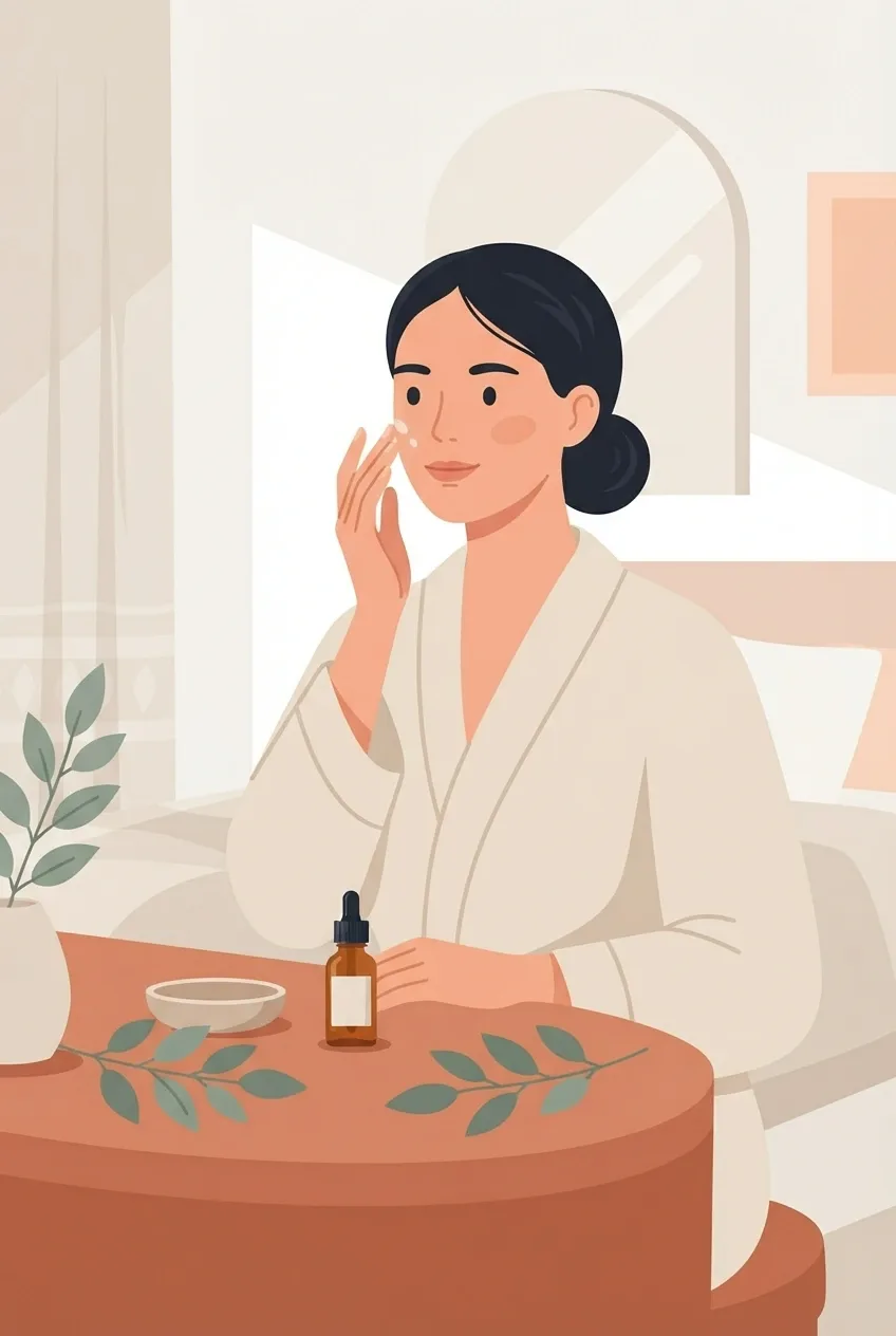 Flat 2D illustration of a woman applying botanical face serum beside an amber dropper bottle, leafy sprigs, and a ceramic dish at a compact vanity.