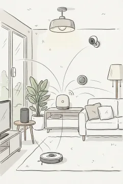 Hand-drawn doodle smart home control hub connecting lights, sensors, security devices, and household automation in a modern living room.