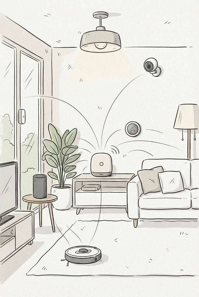 Hand-drawn doodle smart home control hub connecting lights, sensors, security devices, and household automation in a modern living room.