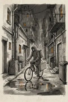 Hand-drawn doodle illustration of a bicycle courier riding through a narrow rainy city alley at midnight with glowing windows and puddle reflections.
