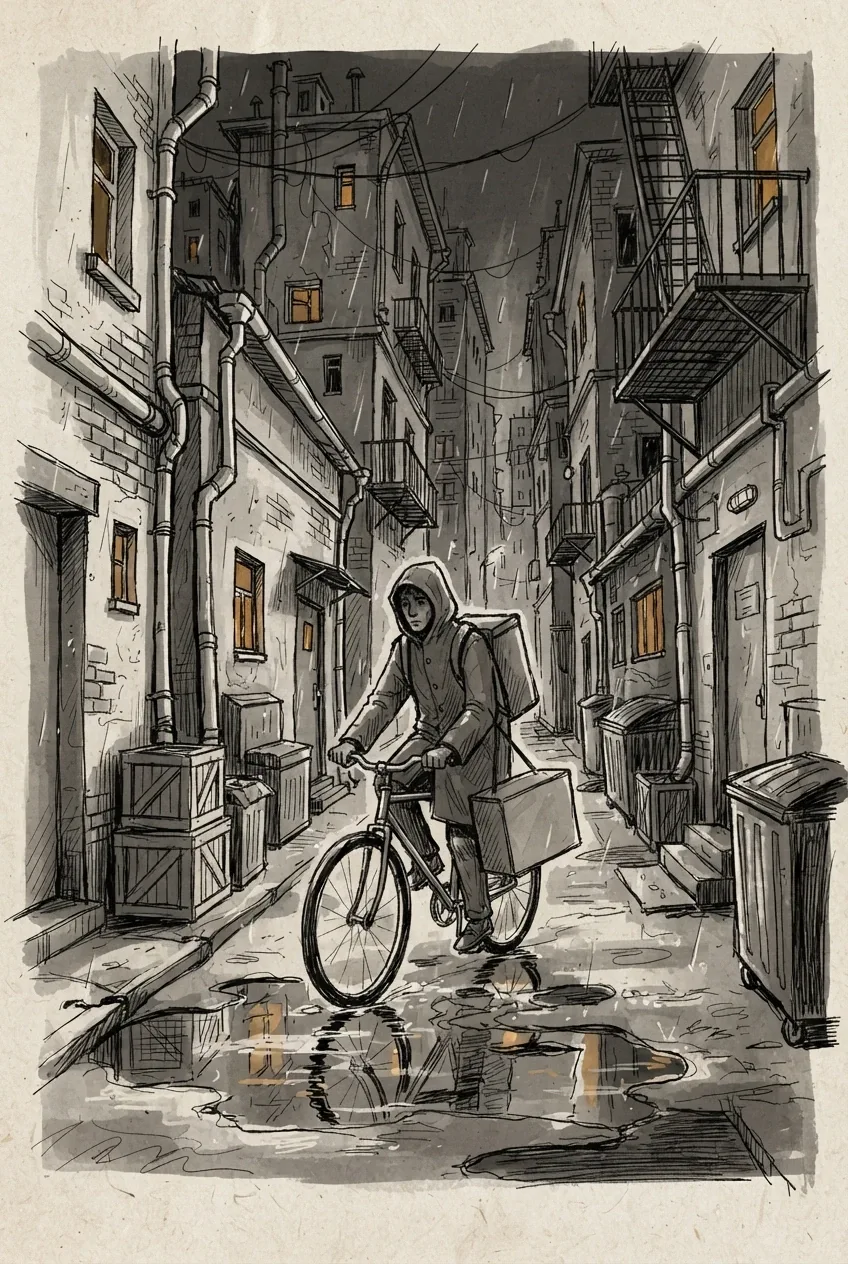 Hand-drawn doodle illustration of a bicycle courier riding through a narrow rainy city alley at midnight with glowing windows and puddle reflections.
