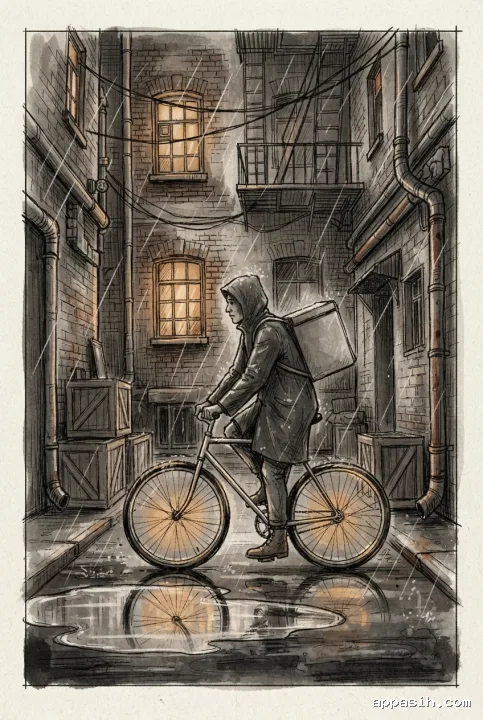 Close hand-drawn doodle scene of a bicycle courier slowing beside a puddle in the same rainy midnight alley, surrounded by glowing windows, cables, crates, and expressive ink shadows.