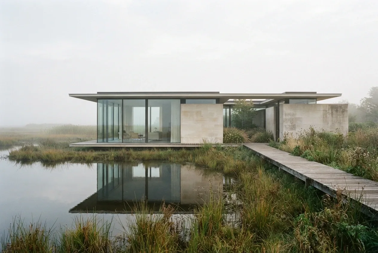 Contemporary glass and limestone pavilion beside a misty tidal marsh with a reflecting pool and reed landscape in fine art architectural photography.