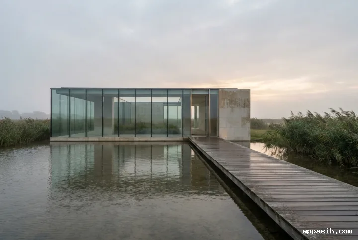 Three-quarter view of a contemporary glass and limestone pavilion beside a misty tidal marsh, with a timber walkway, reflecting pool, and soft overcast morning light in fine art photography.