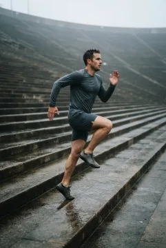Athlete sprinting up wet concrete stadium stairs at rainy dawn in a Fine Art Photography composition.