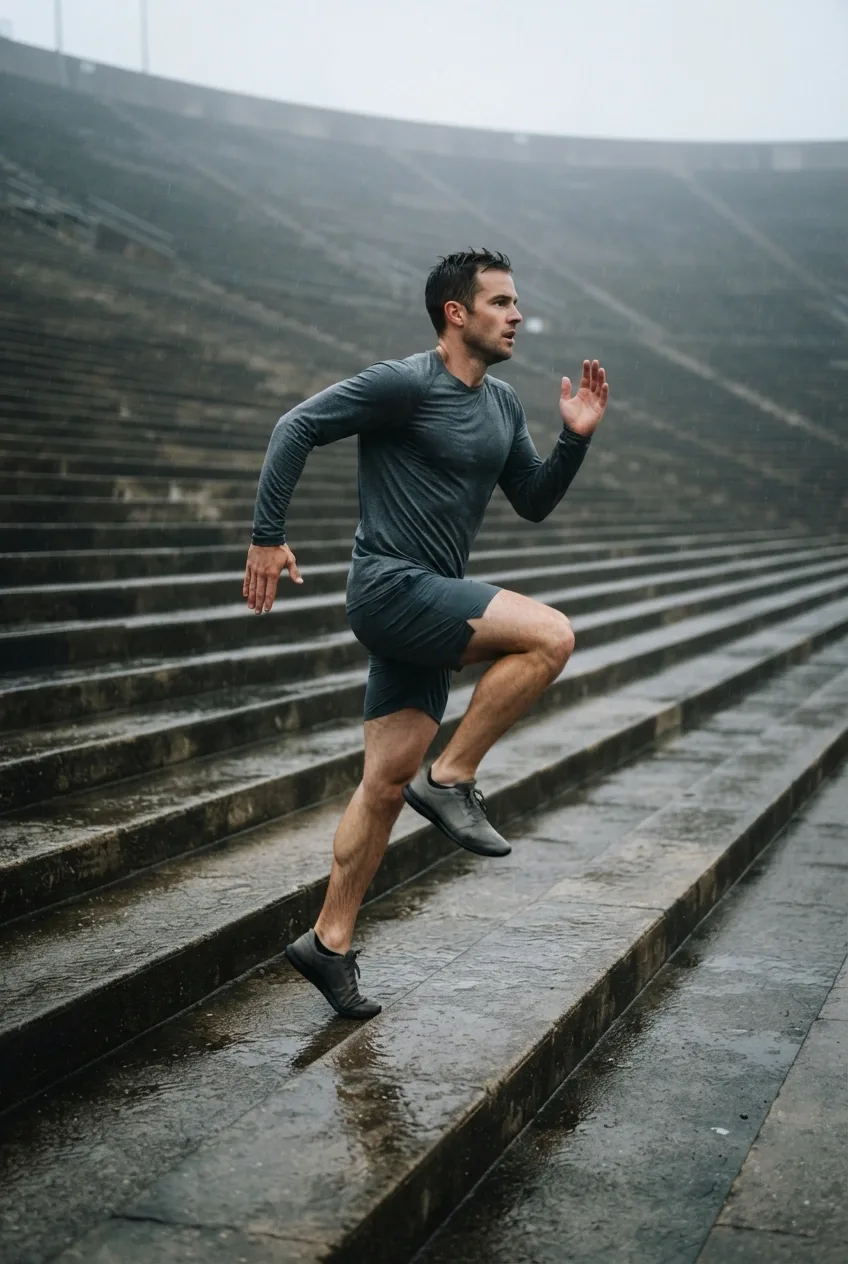 Athlete sprinting up wet concrete stadium stairs at rainy dawn in a Fine Art Photography composition.