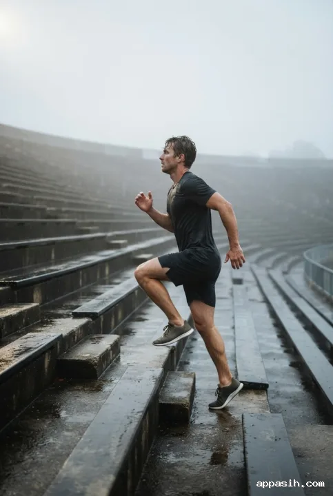 Athlete driving upward on rain-soaked stadium stairs at dawn, viewed from a lower three-quarter angle with mist and refined Fine Art Photography lighting.