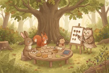 Children's book illustration of a rabbit, squirrel, and hedgehog learning to count acorns with an owl teacher in a forest classroom.