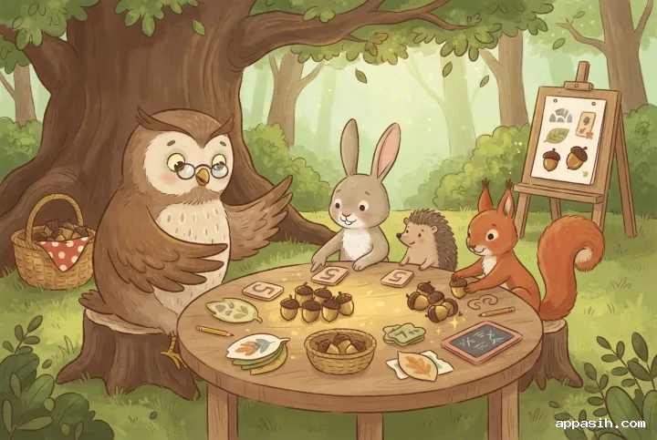 Children's book illustration of woodland students closely practicing arithmetic with acorns and wooden number tiles while an owl teacher guides the lesson beneath an oak tree.