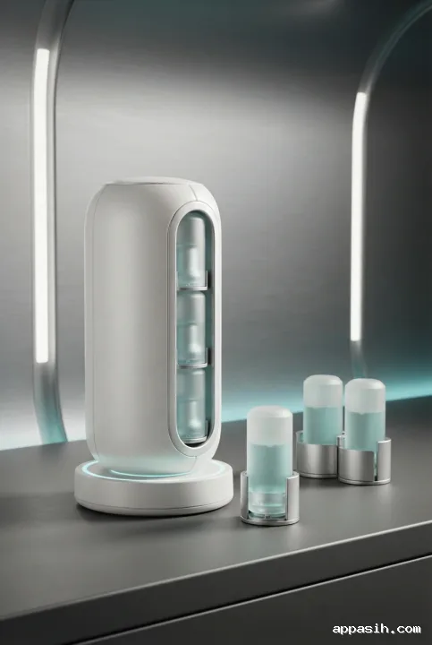 Three-quarter view of a futuristic modular skincare pod dispenser and translucent serum capsules in a sci-fi vanity display.