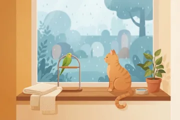 Orange tabby cat and green parakeet sitting together beside a rain-speckled window in a cozy flat-illustrated home.