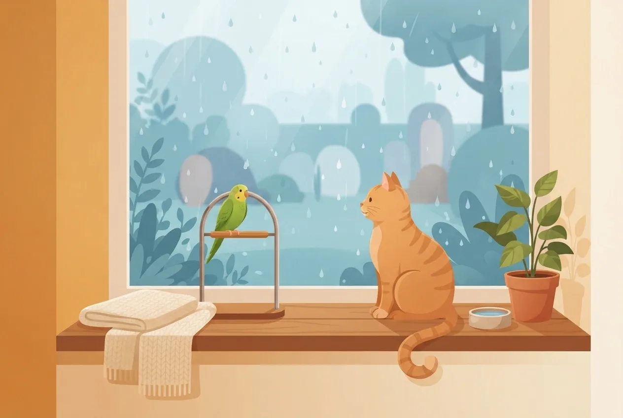 Orange tabby cat and green parakeet sitting together beside a rain-speckled window in a cozy flat-illustrated home.