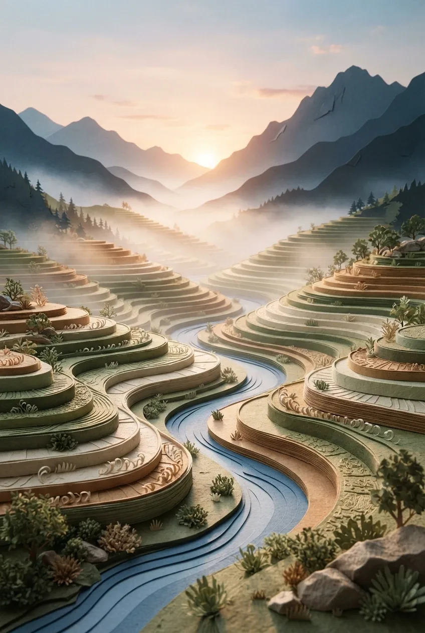 Portrait paper-cut landscape of a misty terraced valley with a winding river, layered mountains, paper trees, and warm sunrise light.