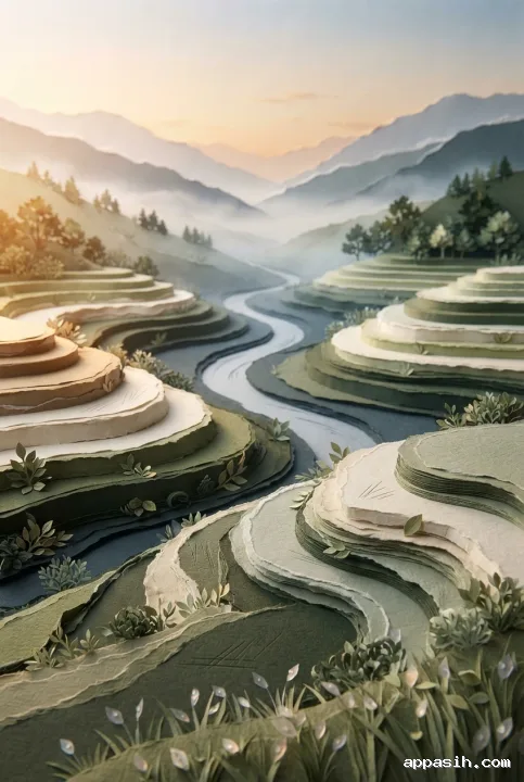 Detailed portrait papercraft landscape of the same misty terraced valley, with layered foreground fields, winding river, paper trees, distant mountains, and soft amber sunrise light.