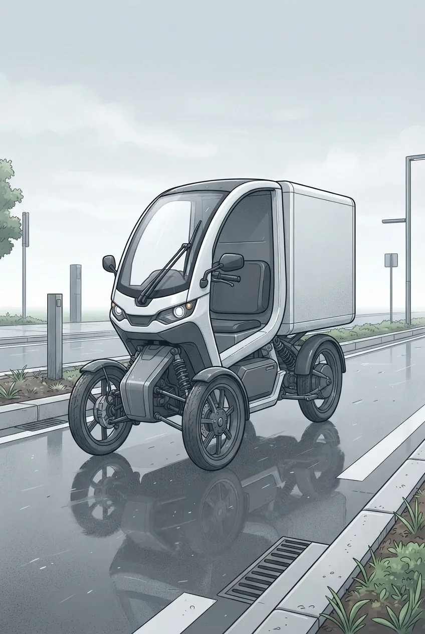 Scientific illustration of a compact electric cargo tricycle with an enclosed delivery box traveling along a wet urban mobility lane.