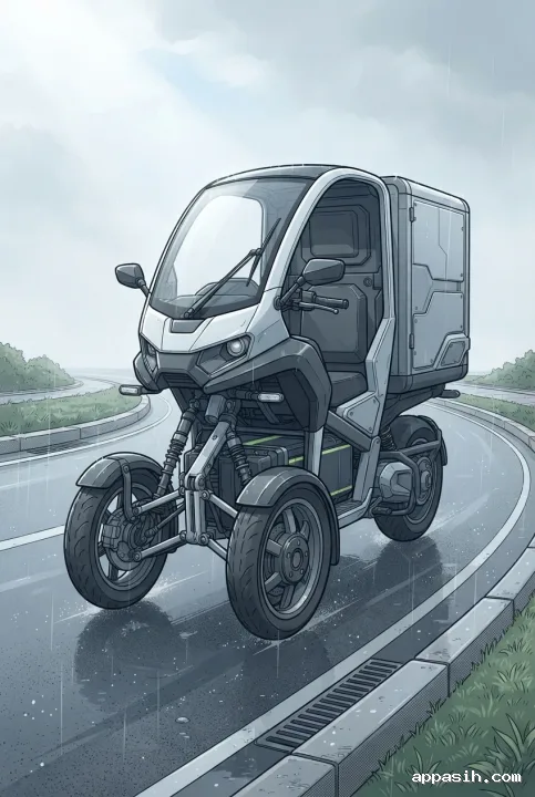 Close scientific illustration of an electric cargo tricycle turning gently on a wet urban mobility lane, with visible suspension, battery housing, and enclosed cargo module.