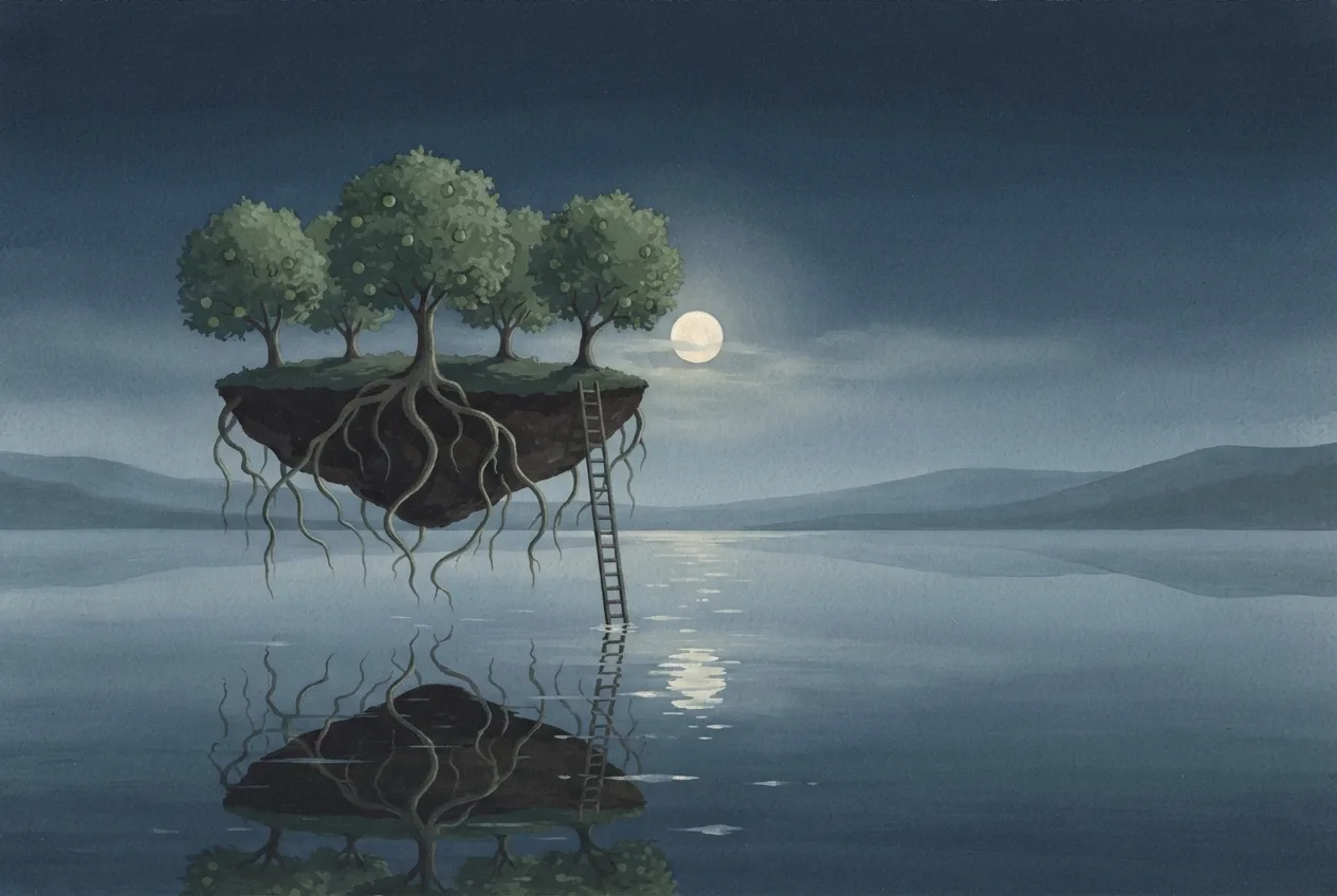Gouache painting of a fruit orchard floating above a moonlit lake with hanging roots, a wooden ladder, misty hills, and calm reflections.
