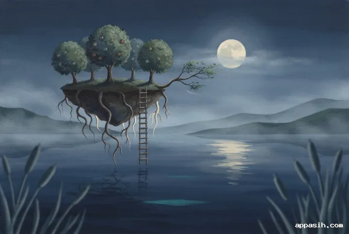 Detailed gouache painting of the same floating fruit orchard above a moonlit lake, viewed from a lower three-quarter angle with hanging roots, foreground reeds, a wooden ladder, and silver reflections.