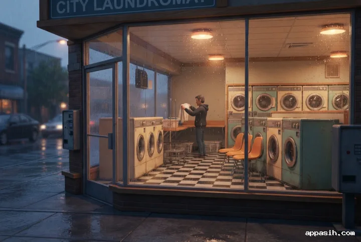 Closer three-quarter Stylized 3D view of the same retro coin-operated laundromat at rainy dusk, showing rounded washing machines, a person folding laundry, warm amber lights, rain-speckled windows, and wet pavement reflections.