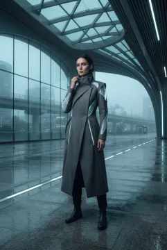 Fashion model wearing a graphite futuristic tailored coat with translucent glowing fiber panels in a rain-darkened sci-fi transit atrium.