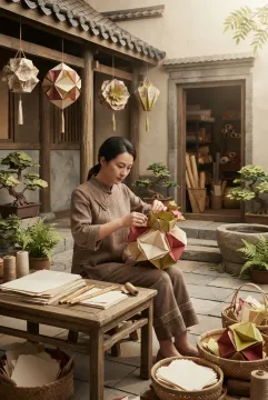 Origami Style Mixed Media scene of a heritage lantern artisan assembling folded-paper lanterns in a traditional courtyard.