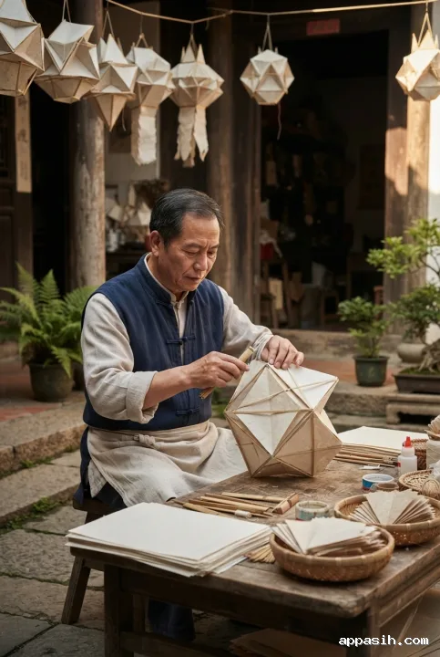 Close three-quarter Origami Style Mixed Media view of a heritage artisan pressing the final fold into a paper lantern inside a traditional courtyard.