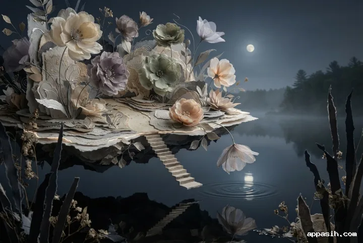 Closer low-angle view of a floating handmade paper garden, translucent flowers, suspended staircase, and moonlit lake rendered as a tactile collage mixed media dreamscape.