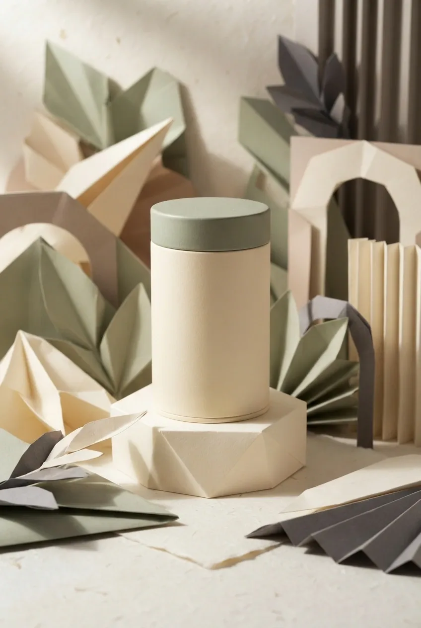 Minimalist tea canister mockup displayed on an origami paper pedestal with folded geometric leaves and sculptural mixed media paper forms.