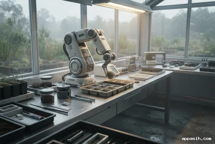 Closer Concept Art view of an autonomous seed vault drone placing a biodegradable seed capsule into a deployment tray inside a futuristic rewilding laboratory.