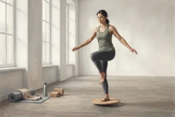 Pastel painting of an athlete doing single-leg balance board training in a softly lit indoor fitness studio.