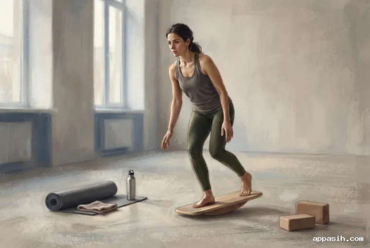 Detailed pastel painting of an athlete maintaining single-leg balance on a wooden balance board in a softly illuminated indoor fitness studio.