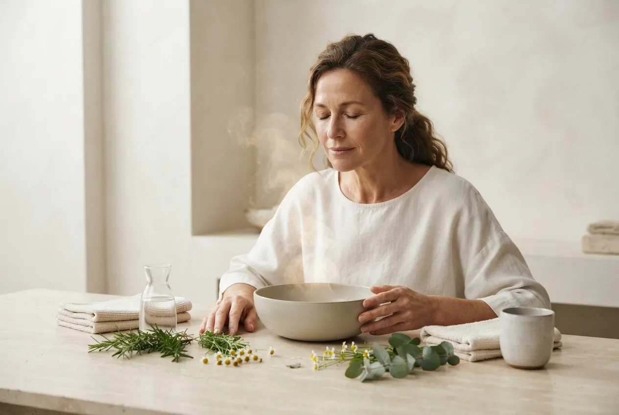 Woman enjoying a herbal steam facial ritual with rosemary, chamomile, eucalyptus, folded towels, and ceramic accessories in a softly lit wellness studio.