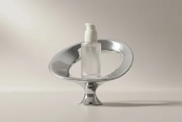 Unlabeled frosted glass skincare pump bottle displayed on a looping liquid-chrome pedestal in a surreal reflective studio.
