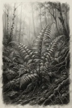Charcoal drawing of large ancient fern fronds growing among mossy stones and fallen leaves on a misty forest floor.