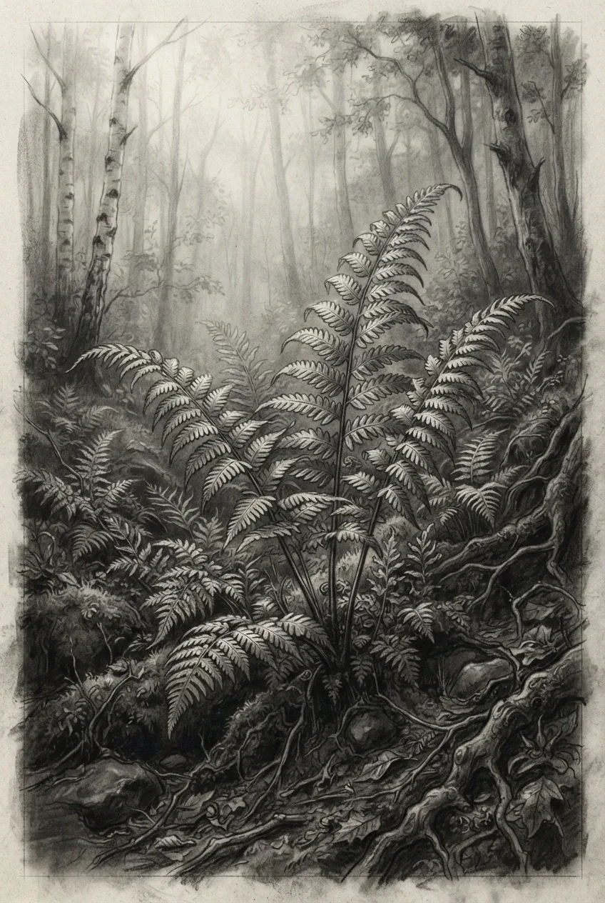 Charcoal drawing of large ancient fern fronds growing among mossy stones and fallen leaves on a misty forest floor.