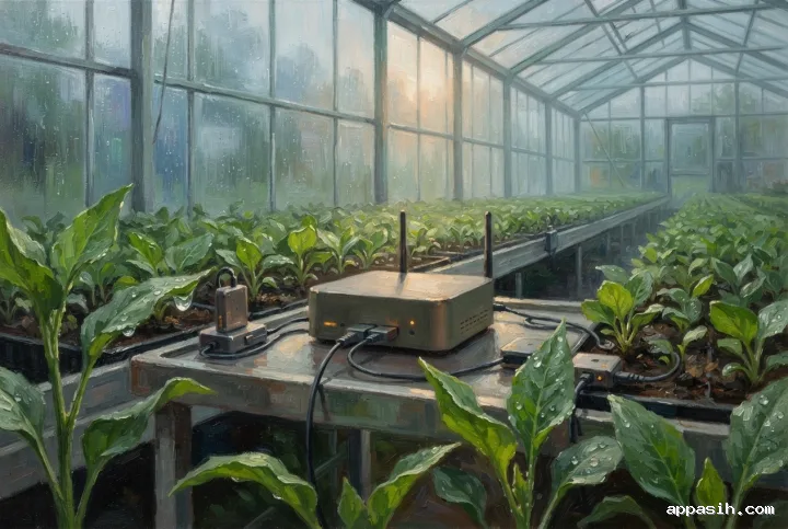 Detailed oil painting of an autonomous greenhouse sensor hub among young crops, wireless environmental sensors, rain-covered glass, and soft amber monitoring lights.