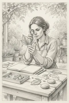 Pencil sketch of a student examining a leaf with a magnifying lens at an outdoor botanical learning table with seed pods, plant specimens, and study tools.
