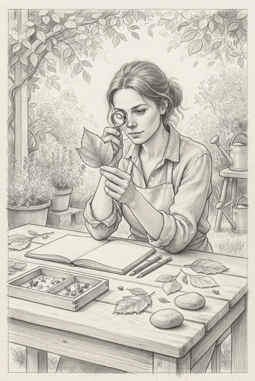 Pencil sketch of a student examining a leaf with a magnifying lens at an outdoor botanical learning table with seed pods, plant specimens, and study tools.