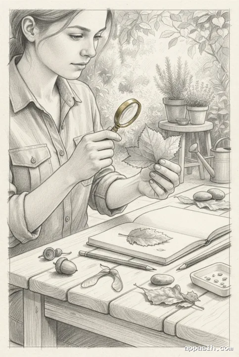 Detailed pencil sketch of a student turning a leaf toward daylight while examining it with a magnifying lens at an outdoor botanical field-study table surrounded by plant specimens.