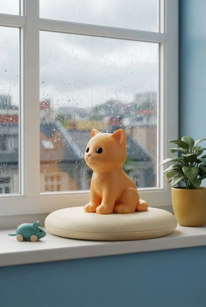 Orange kitten sitting beside a teal toy mouse and yellow potted plant on a rainy window seat in 3D Plastic Toy Style.