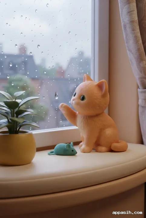 Orange plastic toy-style kitten reaching toward raindrops beside a teal toy mouse and yellow potted plant on a cozy window seat.