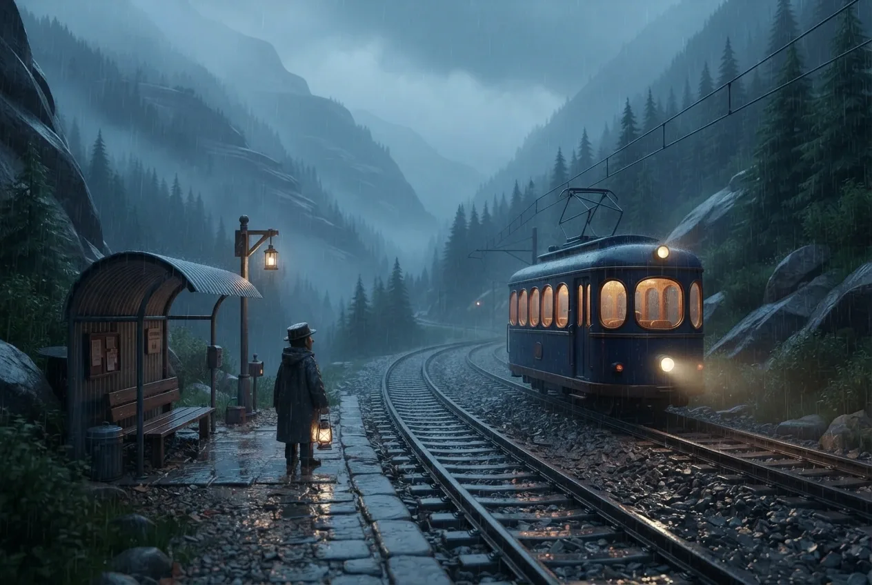 3D Cartoon midnight tram crossing a rainy mountain pass beside a small station and station keeper under a warm lamp.