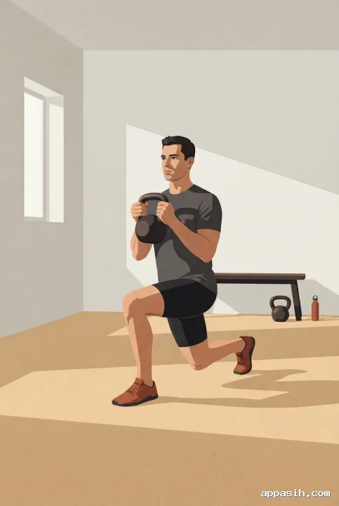 Athlete in a deeper kettlebell reverse lunge viewed from a low three-quarter angle inside the same minimalist graphic training studio.