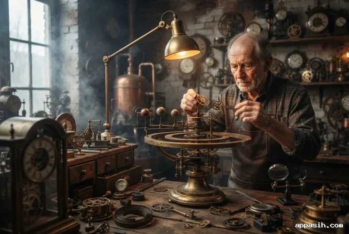 Closer steampunk concept art view of an elderly clockmaker lifting a gear toward a brass orrery in a nostalgic workshop of copper machinery, clocks, tools, steam, and amber light.